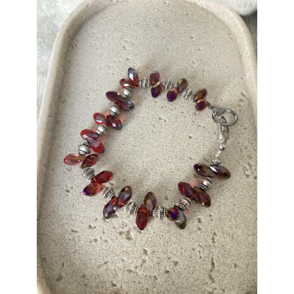 Cranberry Red Aurora Borealis Beaded Bracelet Faceted Silver Tone Dark Romantic